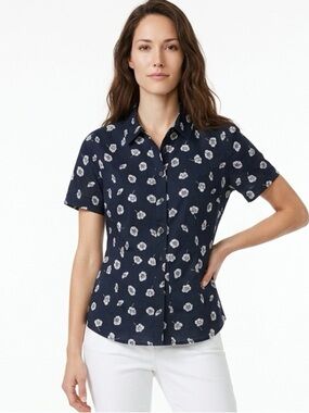 Talbots Navy Button-Down Short Sleeve Shirt with White Floral Print Petite Med